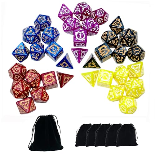 SmartDealsPro 5 Polyhedral Dice Sets (35 Dice) with Pouches – Acrylic D&D Dice with Gold Numbers