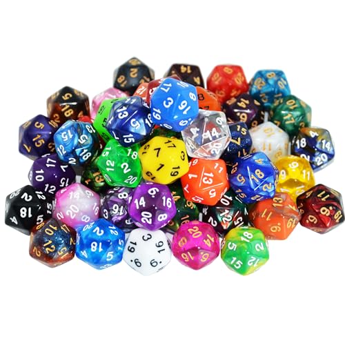 SmartDealsPro 50-Pack D20 Dice Set – Mixed Colors, 22mm Polyhedral Dice with Velvet Pouch for DND, MTG, RPG & Tabletop Games