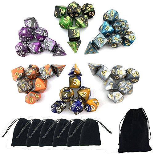 SmartDealsPro Double-Colors Polyhedral Dice Sets – 42 Acrylic Dice with 7 Pouches for D&D RPG MTG