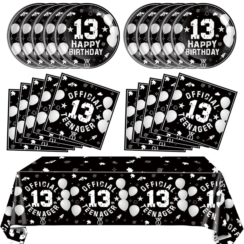 SNIMICS 41-Piece 13th Birthday Tableware Set – Black Silver Plates, Napkins & Tablecloth for Teen Party