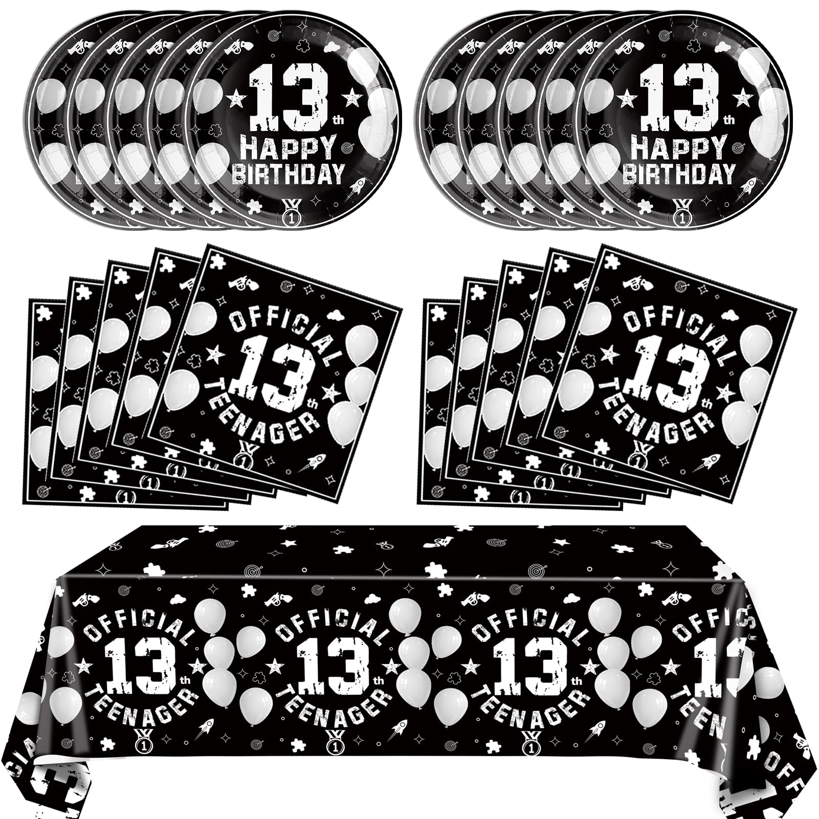 SNIMICS 41-Piece 13th Birthday Tableware Set – Black Silver Plates, Napkins & Tablecloth for Teen Party