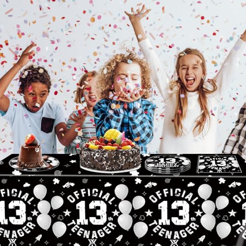 SNIMICS 41-Piece 13th Birthday Tableware Set – Black Silver Plates, Napkins & Tablecloth for Teen Party