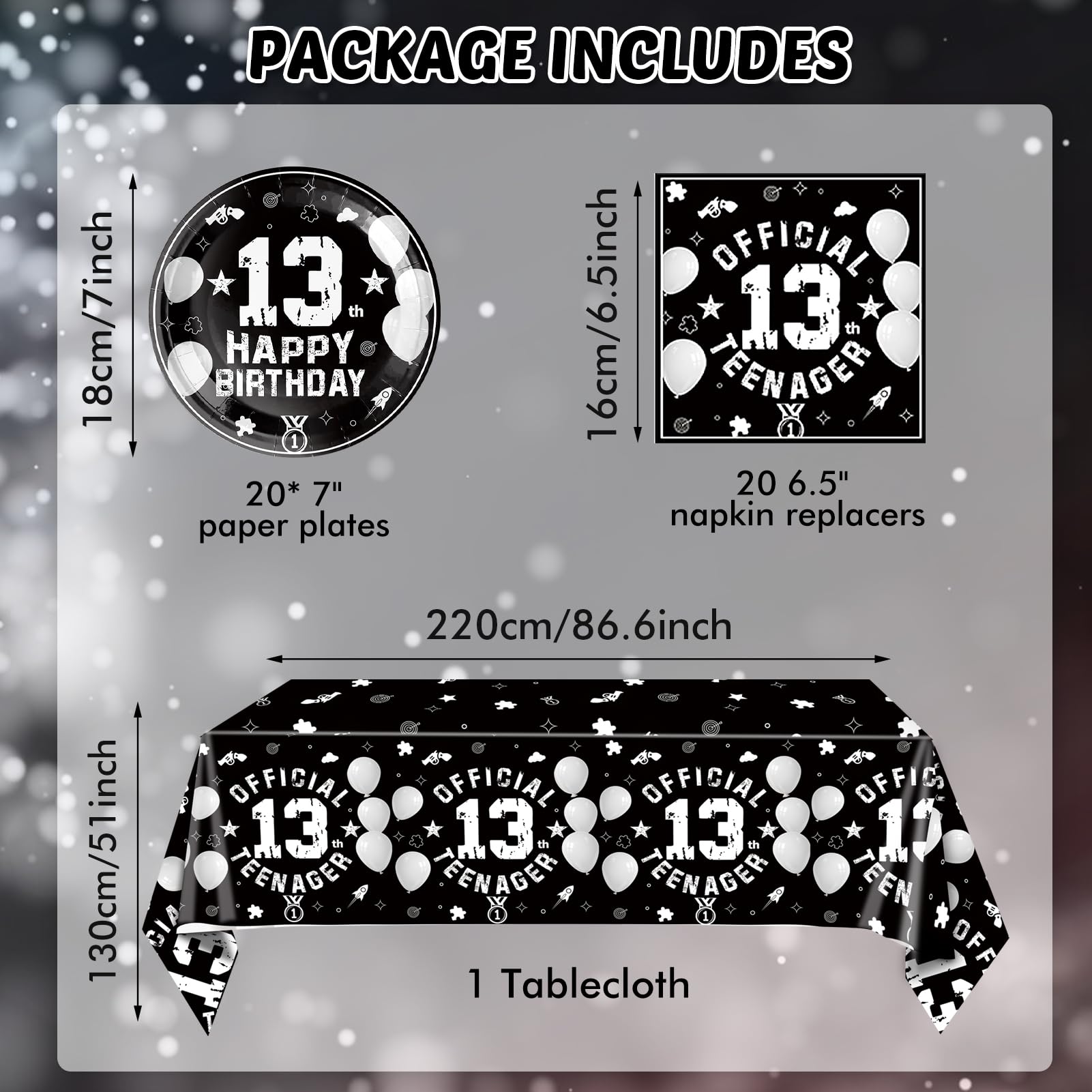 SNIMICS 41-Piece 13th Birthday Tableware Set – Black Silver Plates, Napkins & Tablecloth for Teen Party