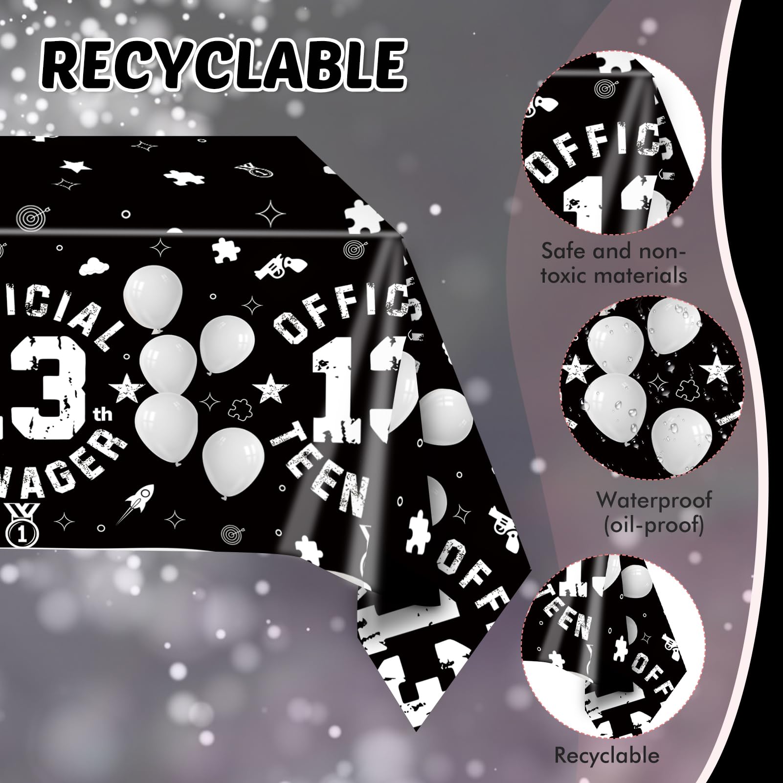 SNIMICS 41-Piece 13th Birthday Tableware Set – Black Silver Plates, Napkins & Tablecloth for Teen Party