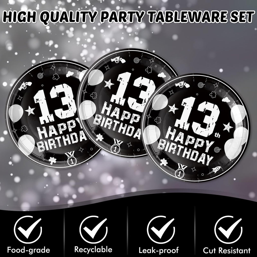 SNIMICS 41-Piece 13th Birthday Tableware Set – Black Silver Plates, Napkins & Tablecloth for Teen Party