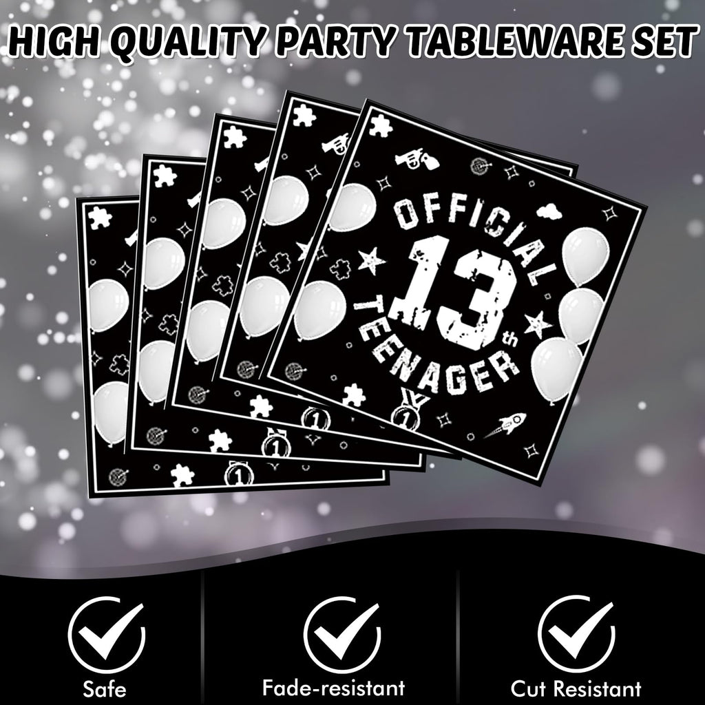 SNIMICS 41-Piece 13th Birthday Tableware Set – Black Silver Plates, Napkins & Tablecloth for Teen Party