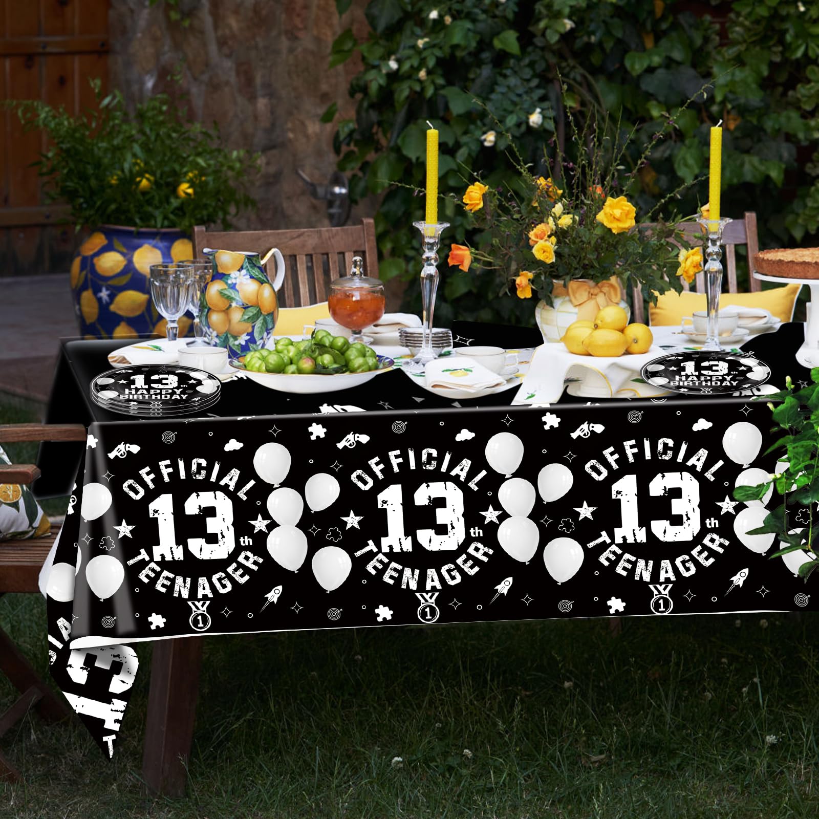 SNIMICS 41-Piece 13th Birthday Tableware Set – Black Silver Plates, Napkins & Tablecloth for Teen Party