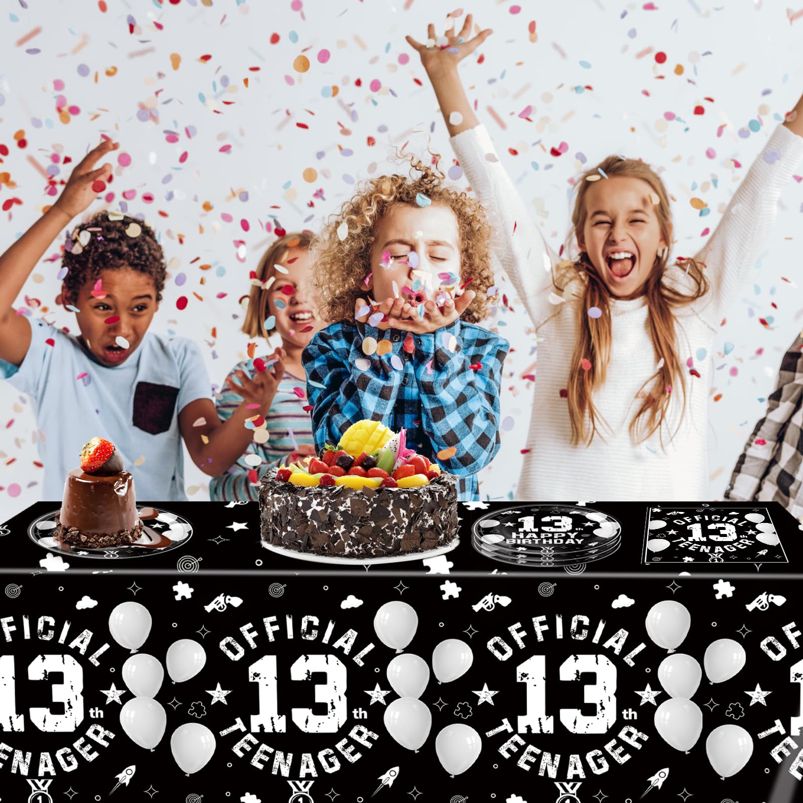 SNIMICS 41-Piece 13th Birthday Tableware Set – Black Silver Plates, Napkins & Tablecloth for Teen Party