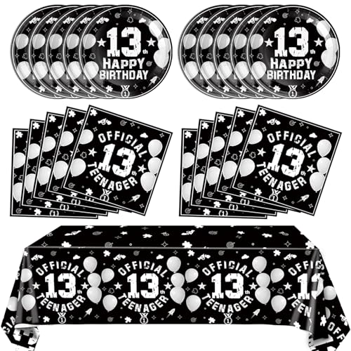 SNIMICS 41-Piece 13th Birthday Tableware Set – Black Silver Plates, Napkins & Tablecloth for Teen Party