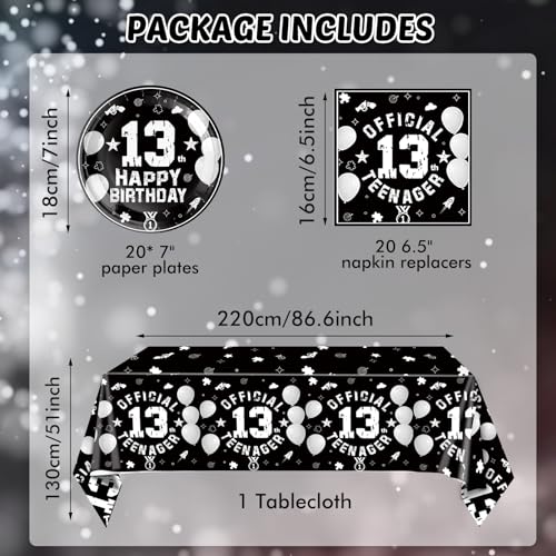SNIMICS 41-Piece 13th Birthday Tableware Set – Black Silver Plates, Napkins & Tablecloth for Teen Party