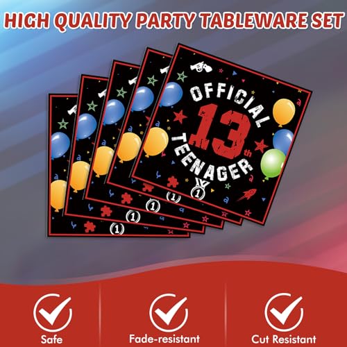 SNIMICS 41PCS 13th Birthday Party Decorations Kit - Red & Black Theme with Plates, Napkins, Tablecloth for Boys & Girls