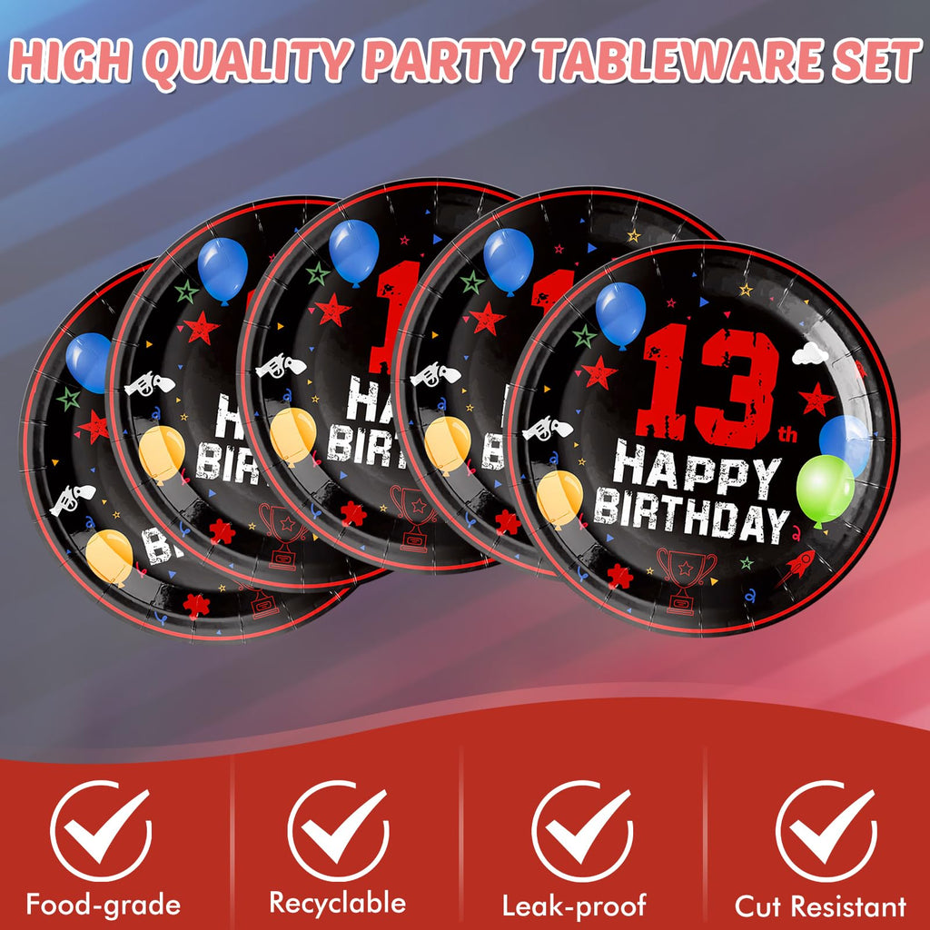 SNIMICS 41PCS 13th Birthday Party Decorations Kit - Red & Black Theme with Plates, Napkins, Tablecloth for Boys & Girls