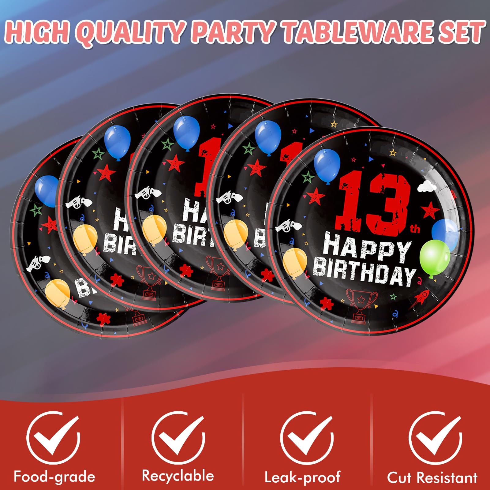 SNIMICS 41PCS 13th Birthday Party Decorations Kit - Red & Black Theme with Plates, Napkins, Tablecloth for Boys & Girls