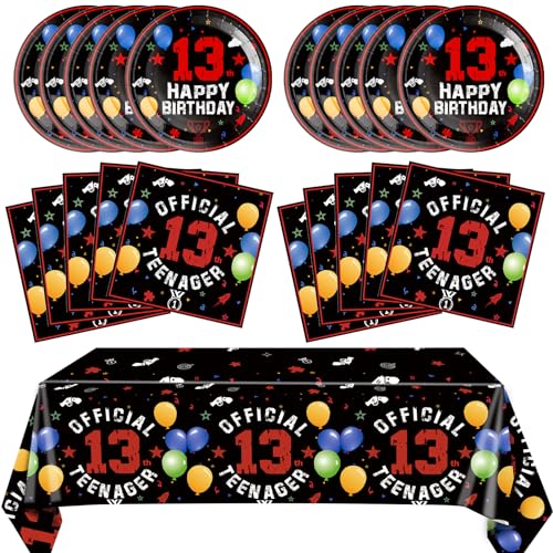 SNIMICS 41PCS 13th Birthday Party Decorations Kit - Red & Black Theme with Plates, Napkins, Tablecloth for Boys & Girls