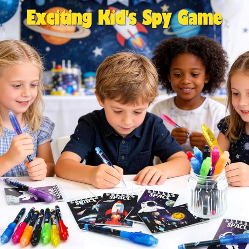 SNLN 24-Piece Invisible Ink Pen and Notebook Pack – Space Party Favors with UV Light Spy Pens for Kids