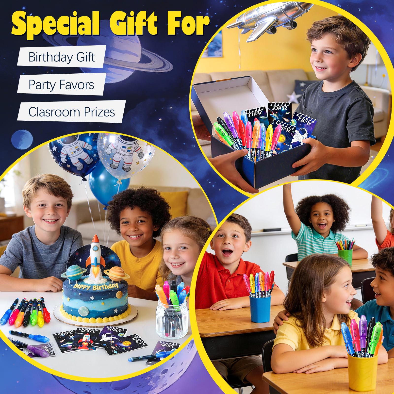 SNLN 24-Piece Invisible Ink Pen and Notebook Pack – Space Party Favors with UV Light Spy Pens for Kids