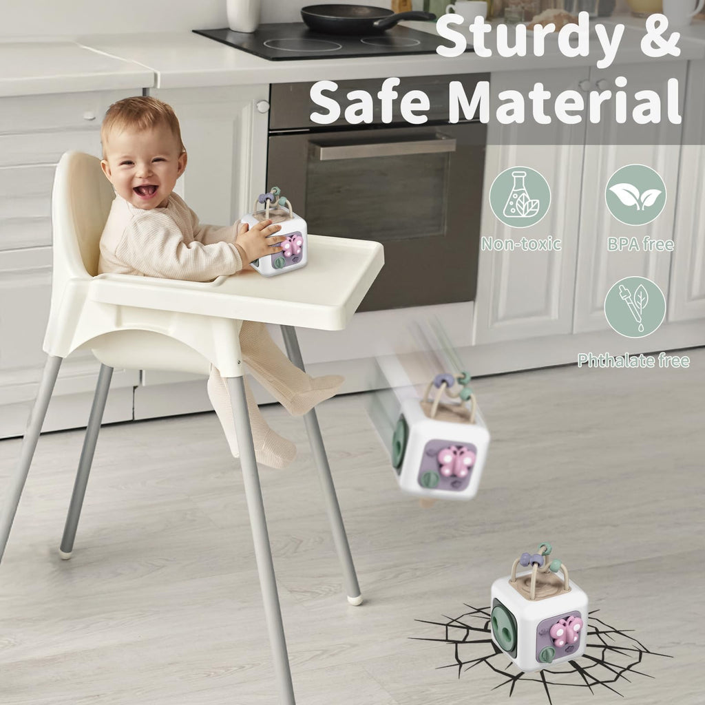 SOCBTNSO FunQuest Baby Busy Cube - 6-in-1 Montessori Travel Toy for Toddlers, Fine Motor Skills Development, Gift for Boys Girls 6 Months+