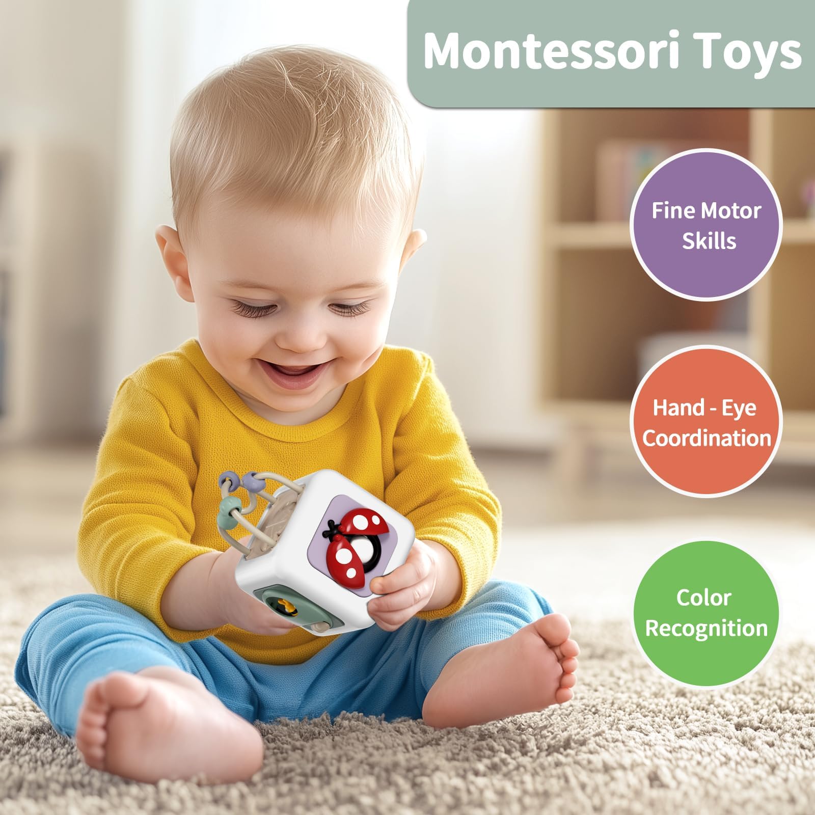 SOCBTNSO FunQuest Baby Busy Cube - 6-in-1 Montessori Travel Toy for Toddlers, Fine Motor Skills Development, Gift for Boys Girls 6 Months+