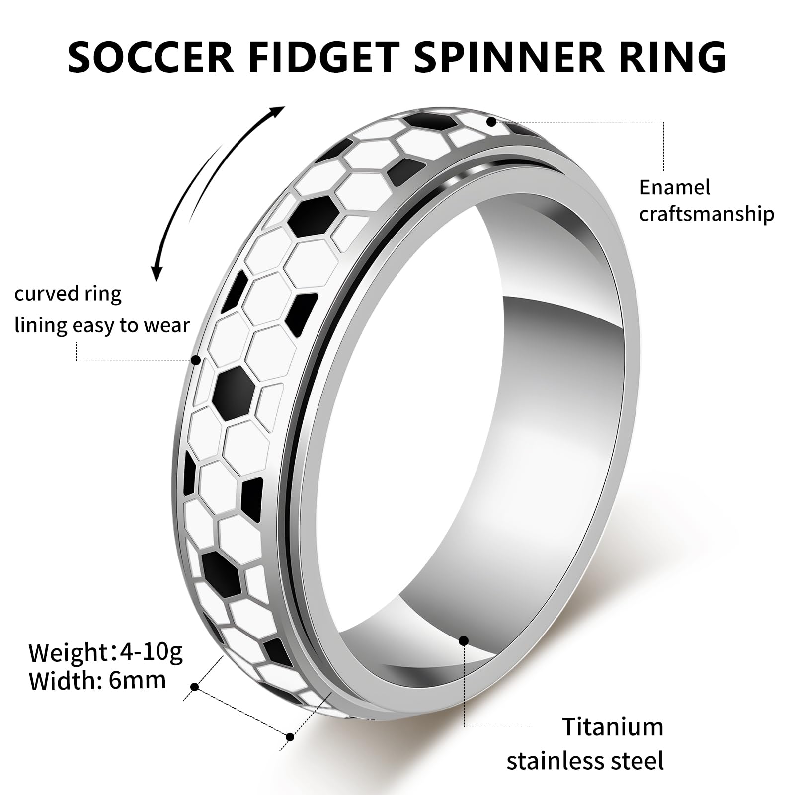 Soccer Fidget Ring for Adults – Stainless Steel Anxiety Relief Spinner Ring, Unisex