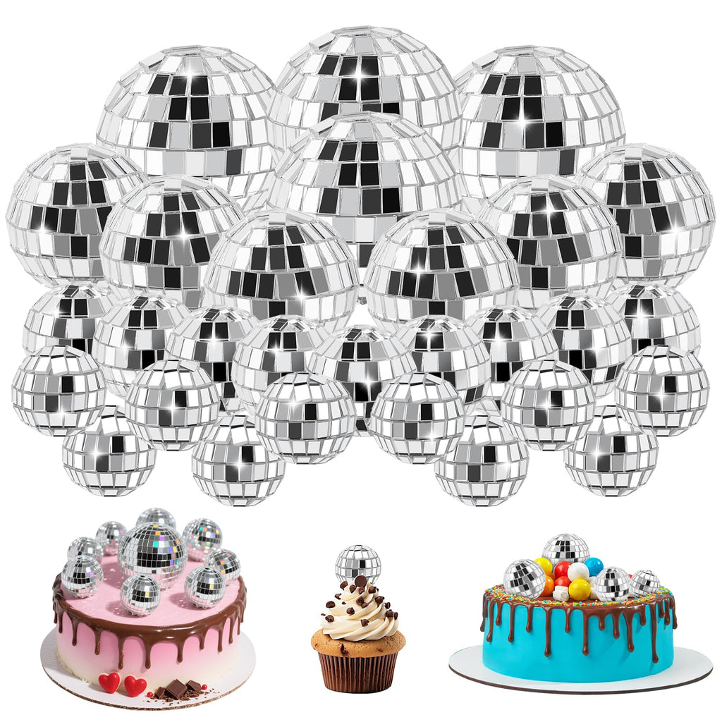 Soelomu 30-Pack Mini Disco Ball Cake Toppers – 4 Sizes (0.8 to 2 Inch) Silver Reflective Mirror Decor for 1970s Themed Parties