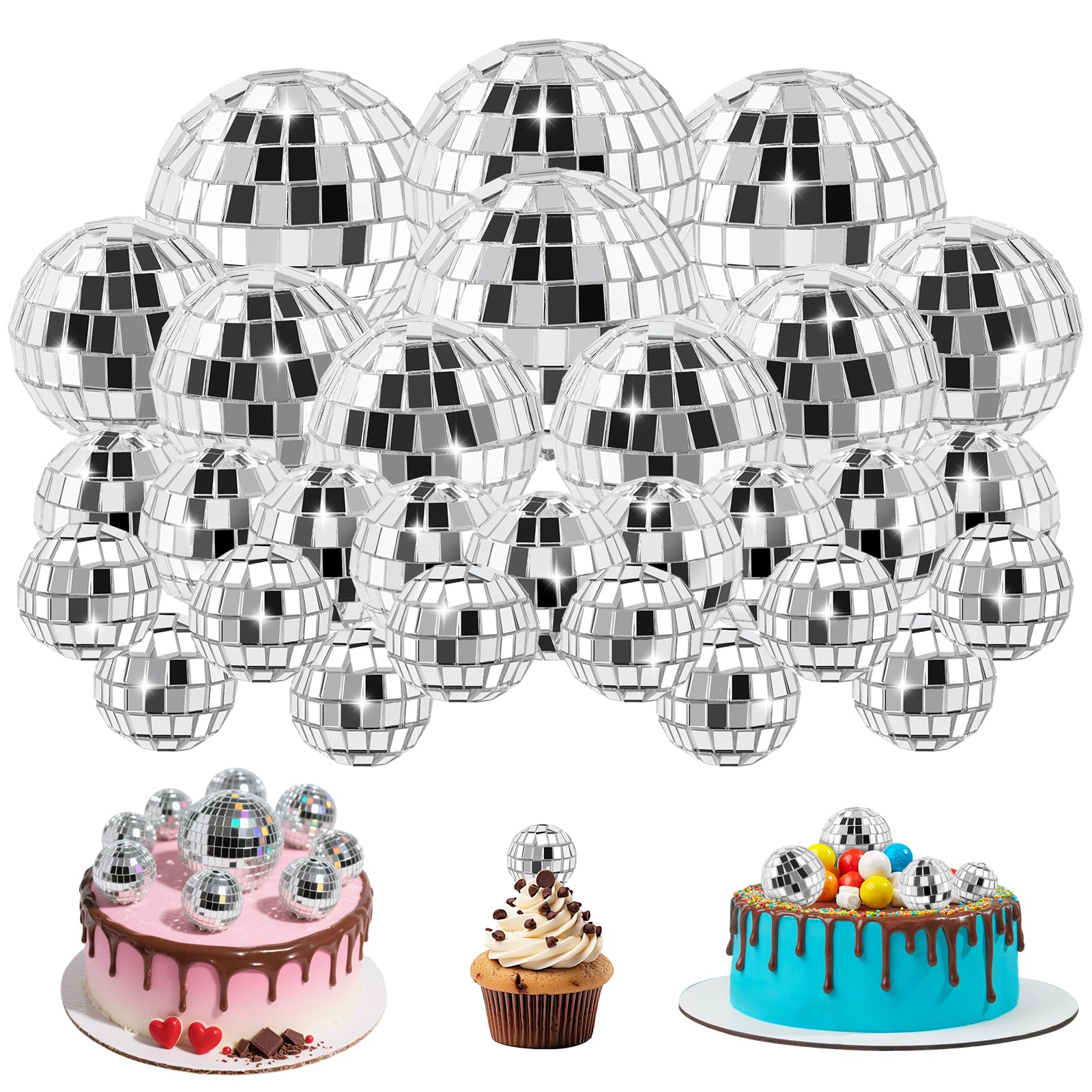 Soelomu 30-Pack Mini Disco Ball Cake Toppers – 4 Sizes (0.8 to 2 Inch) Silver Reflective Mirror Decor for 1970s Themed Parties