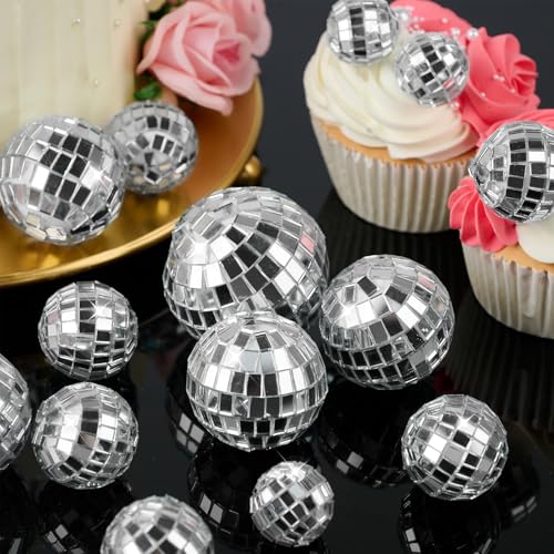 Soelomu 30-Pack Mini Disco Ball Cake Toppers – 4 Sizes (0.8 to 2 Inch) Silver Reflective Mirror Decor for 1970s Themed Parties