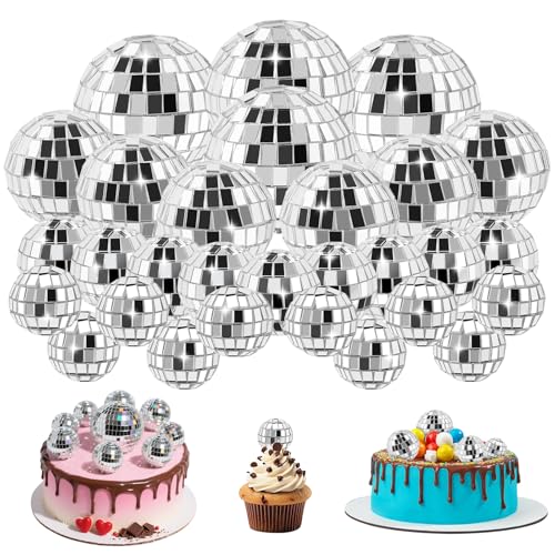 Soelomu 30-Pack Mini Disco Ball Cake Toppers – 4 Sizes (0.8 to 2 Inch) Silver Reflective Mirror Decor for 1970s Themed Parties