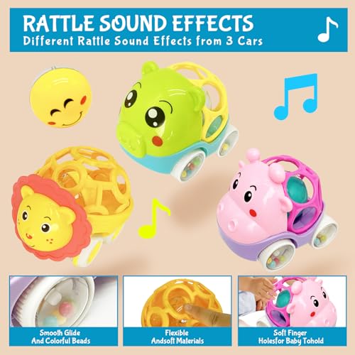 Soft Rubber Rattle Cars Set for Babies 0-3 Years – 3 Animal Designs, No Batteries Needed, Friction-Powered Sensory Toy for Fine Motor Skills