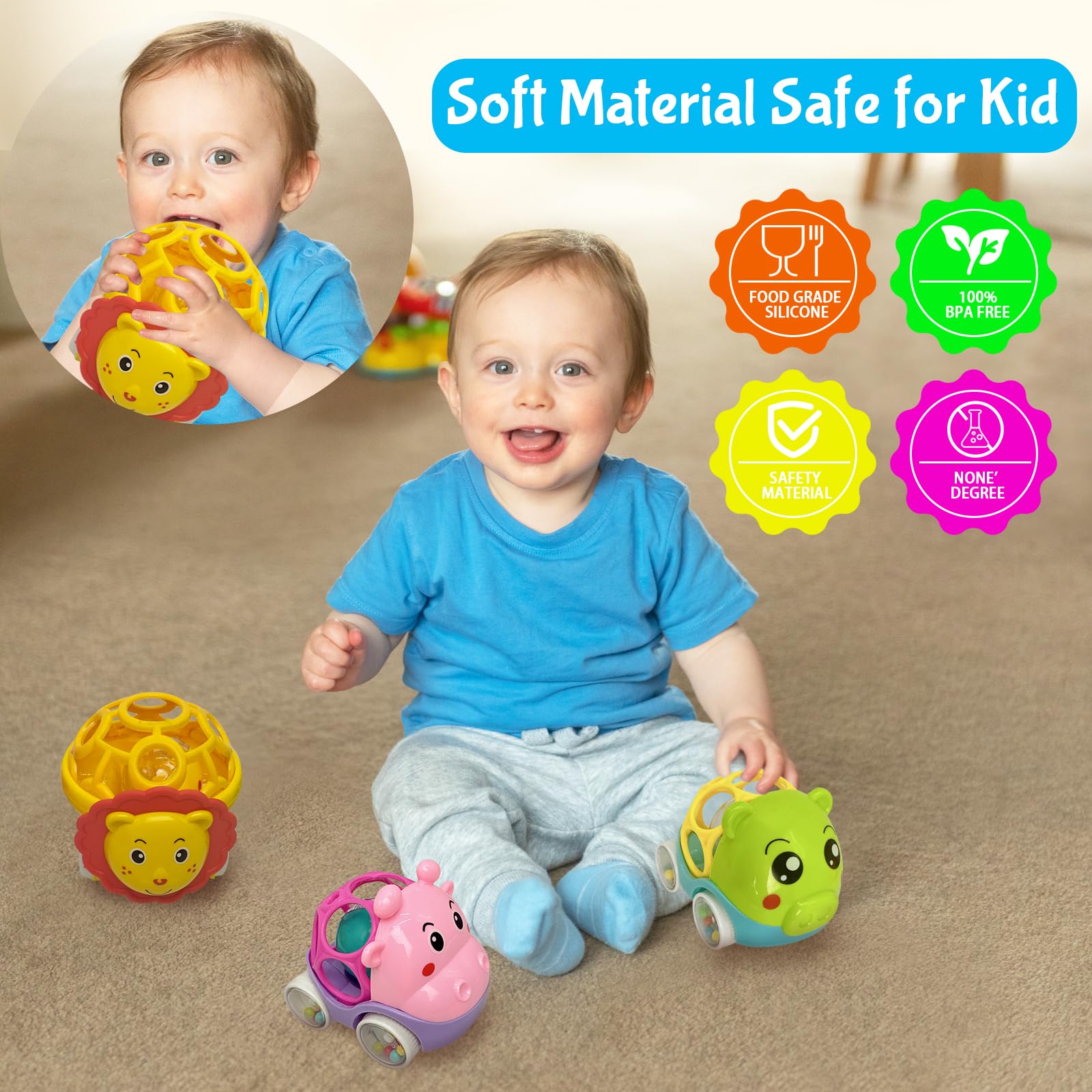 Soft Rubber Rattle Cars Set for Babies 0-3 Years – 3 Animal Designs, No Batteries Needed, Friction-Powered Sensory Toy for Fine Motor Skills