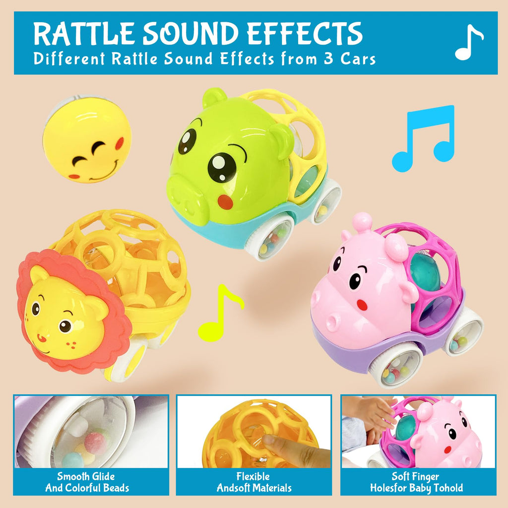 Soft Rubber Rattle Cars Set for Babies 0-3 Years – 3 Animal Designs, No Batteries Needed, Friction-Powered Sensory Toy for Fine Motor Skills