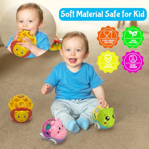 Soft Rubber Rattle Cars Set for Babies 0-3 Years – 3 Animal Designs, No Batteries Needed, Friction-Powered Sensory Toy for Fine Motor Skills