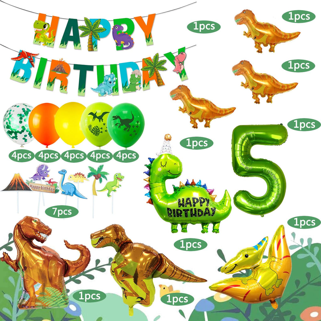 SOIAODRAH Dinosaur Birthday Party Decorations Set with Foil Balloons, Banner, and Cake Topper for Kids Age 5