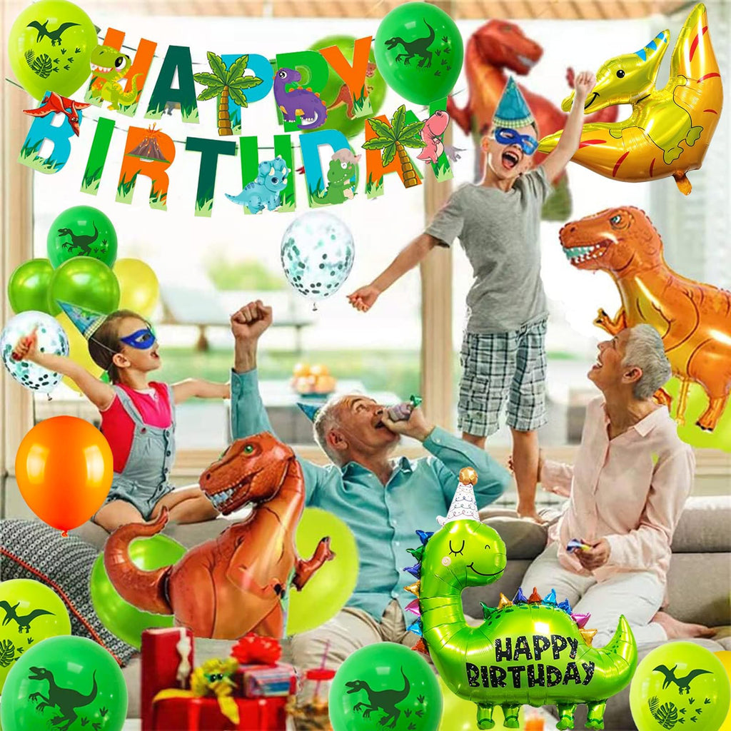SOIAODRAH Dinosaur Birthday Party Decorations Set with Foil Balloons, Banner, and Cake Topper for Kids Age 5