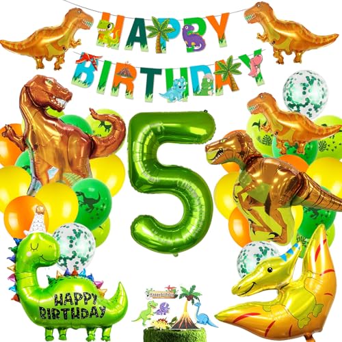 SOIAODRAH Dinosaur Birthday Party Decorations Set with Foil Balloons, Banner, and Cake Topper for Kids Age 5