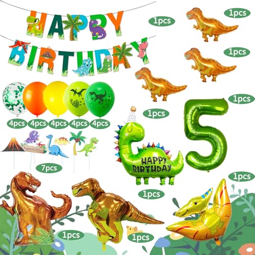 SOIAODRAH Dinosaur Birthday Party Decorations Set with Foil Balloons, Banner, and Cake Topper for Kids Age 5