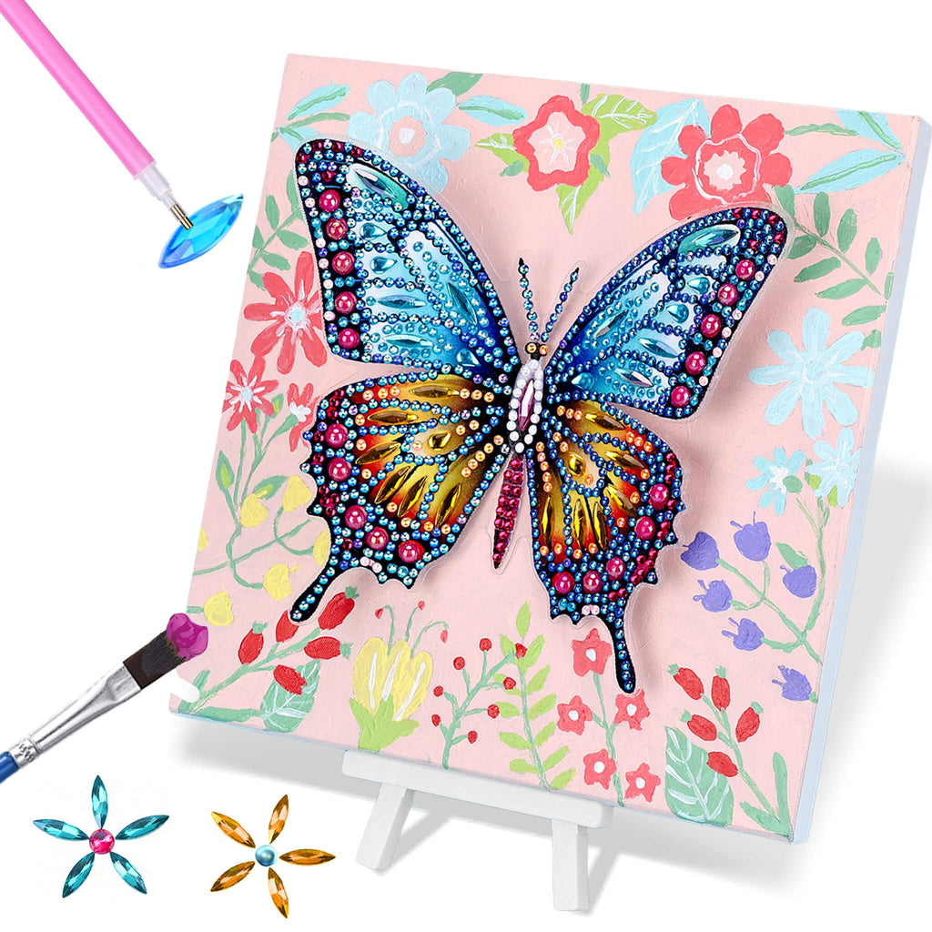 SOLDAY 2-in-1 Butterfly Diamond Painting & Paint by Number Kit for Kids Ages 6-10, DIY Gem Art with Plastic Easels