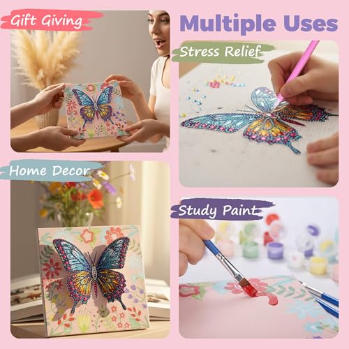 SOLDAY 2-in-1 Butterfly Diamond Painting & Paint by Number Kit for Kids Ages 6-10, DIY Gem Art with Plastic Easels