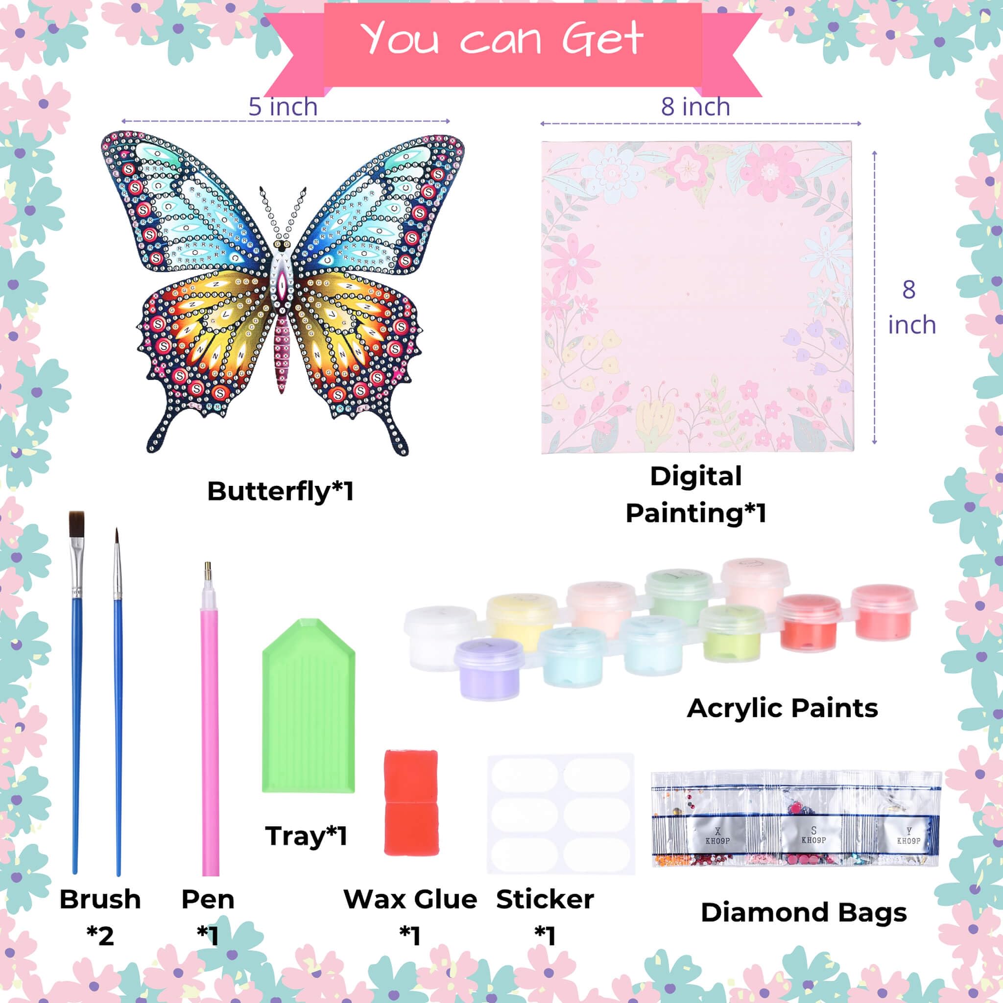 SOLDAY 2-in-1 Butterfly Diamond Painting & Paint by Number Kit for Kids Ages 6-10, DIY Gem Art with Plastic Easels