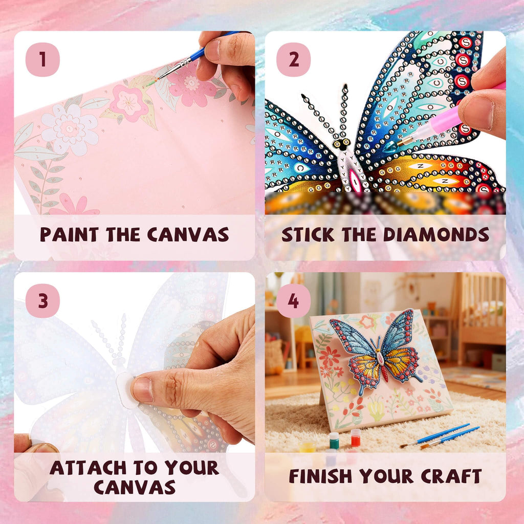 SOLDAY 2-in-1 Butterfly Diamond Painting & Paint by Number Kit for Kids Ages 6-10, DIY Gem Art with Plastic Easels