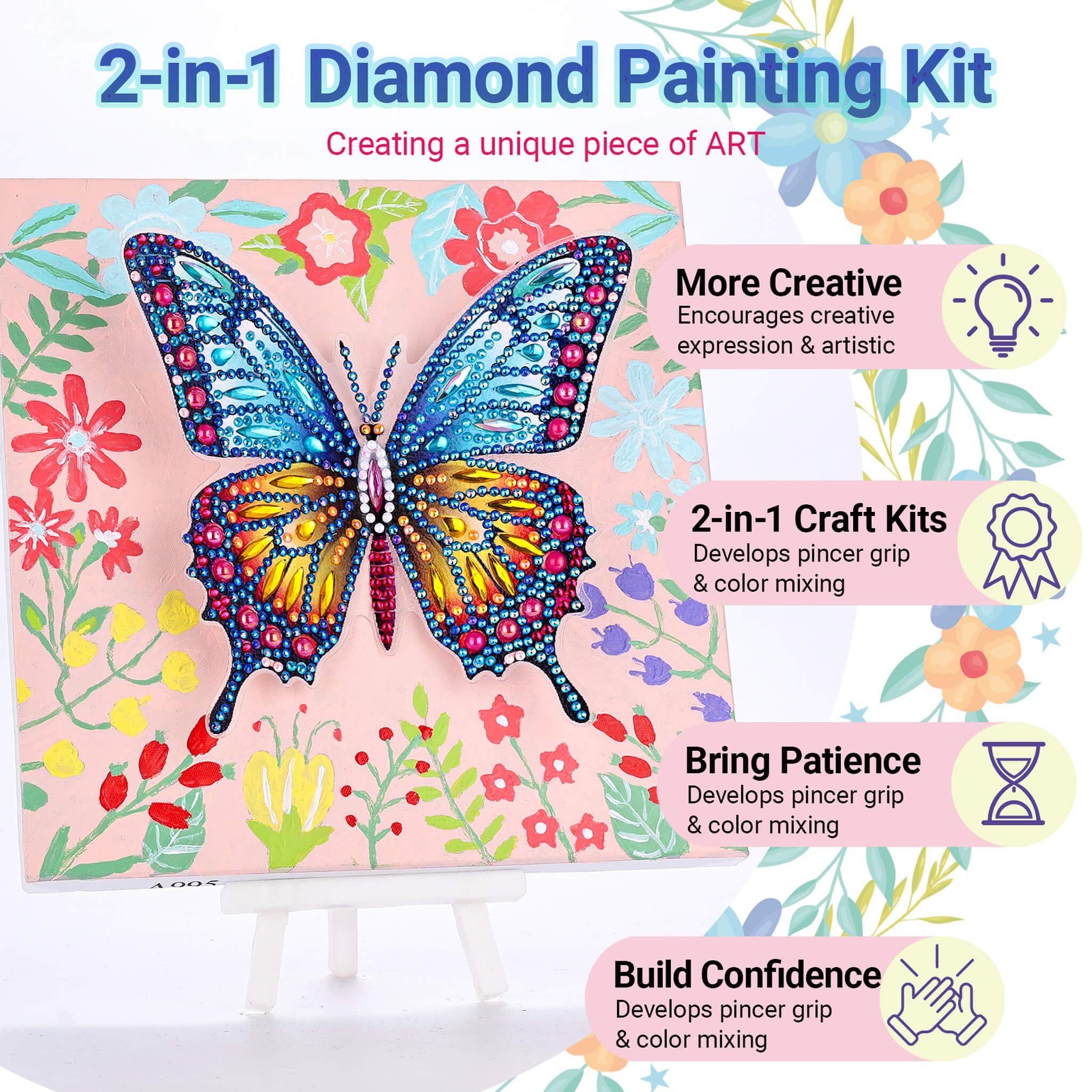 SOLDAY 2-in-1 Butterfly Diamond Painting & Paint by Number Kit for Kids Ages 6-10, DIY Gem Art with Plastic Easels