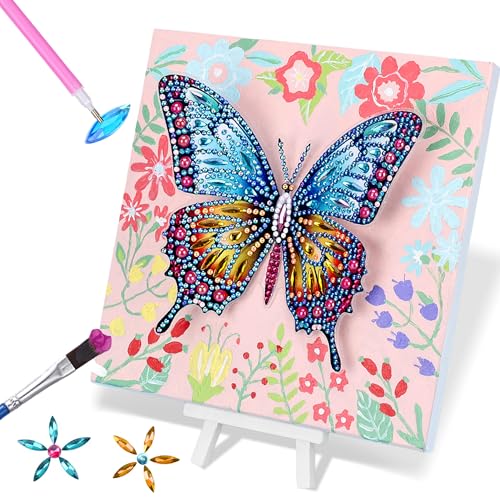 SOLDAY 2-in-1 Butterfly Diamond Painting & Paint by Number Kit for Kids Ages 6-10, DIY Gem Art with Plastic Easels