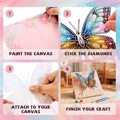 SOLDAY 2-in-1 Butterfly Diamond Painting & Paint by Number Kit for Kids Ages 6-10, DIY Gem Art with Plastic Easels