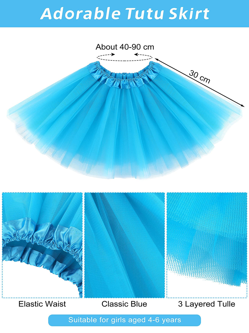 SOMSOC 3-Piece Blue Tulle Tutu Costume Set with Feathers Headband and Striped Knee Socks for Halloween Cosplay