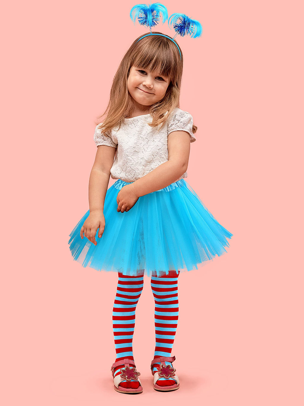 SOMSOC 3-Piece Blue Tulle Tutu Costume Set with Feathers Headband and Striped Knee Socks for Halloween Cosplay