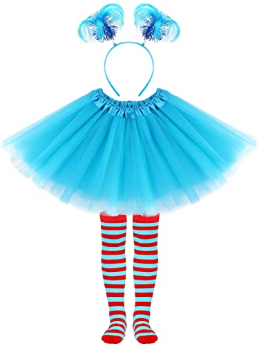 SOMSOC 3-Piece Blue Tulle Tutu Costume Set with Feathers Headband and Striped Knee Socks for Halloween Cosplay