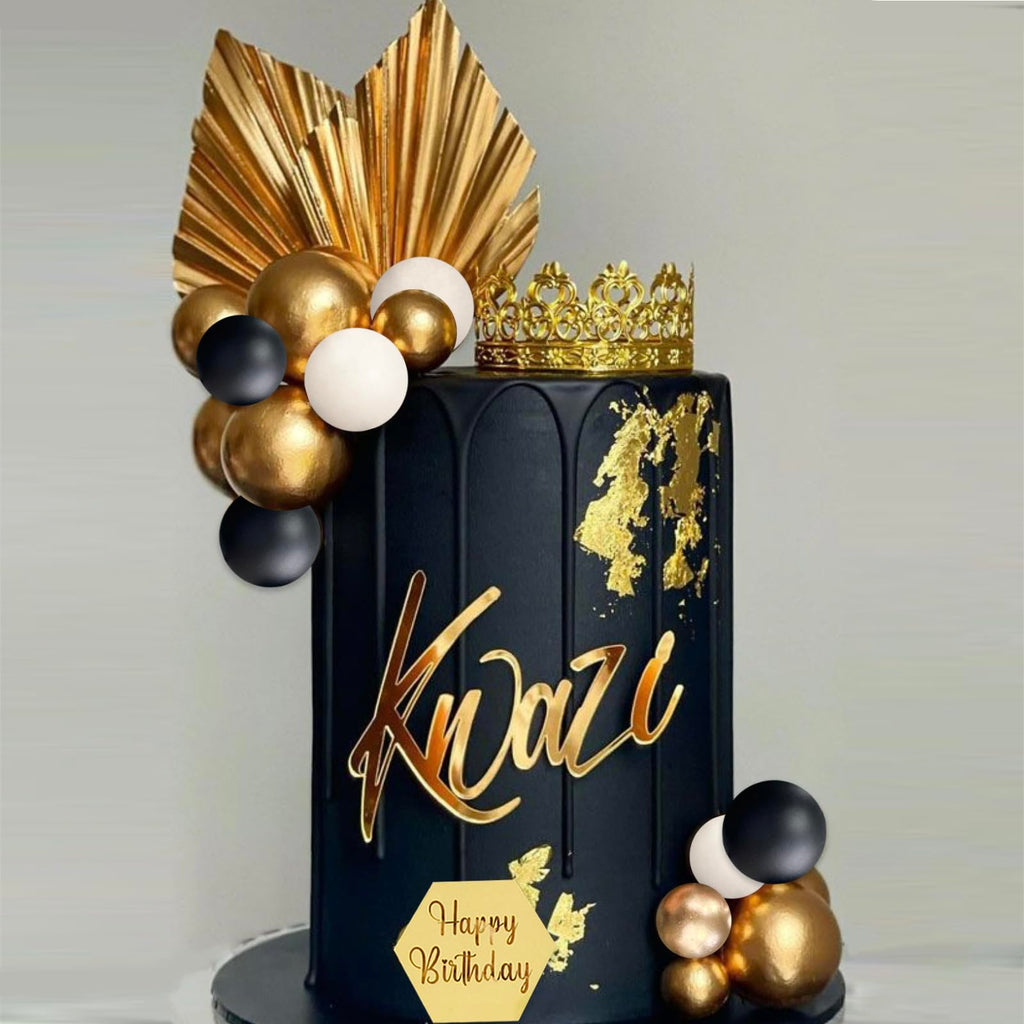 SONICEBUY 48-Piece Ball Cake Toppers Set - Black Gold White Foam Balls with Acrylic Numbers 0-9 and Happy Birthday Insert for Men's Birthday, Wedding, Anniversary