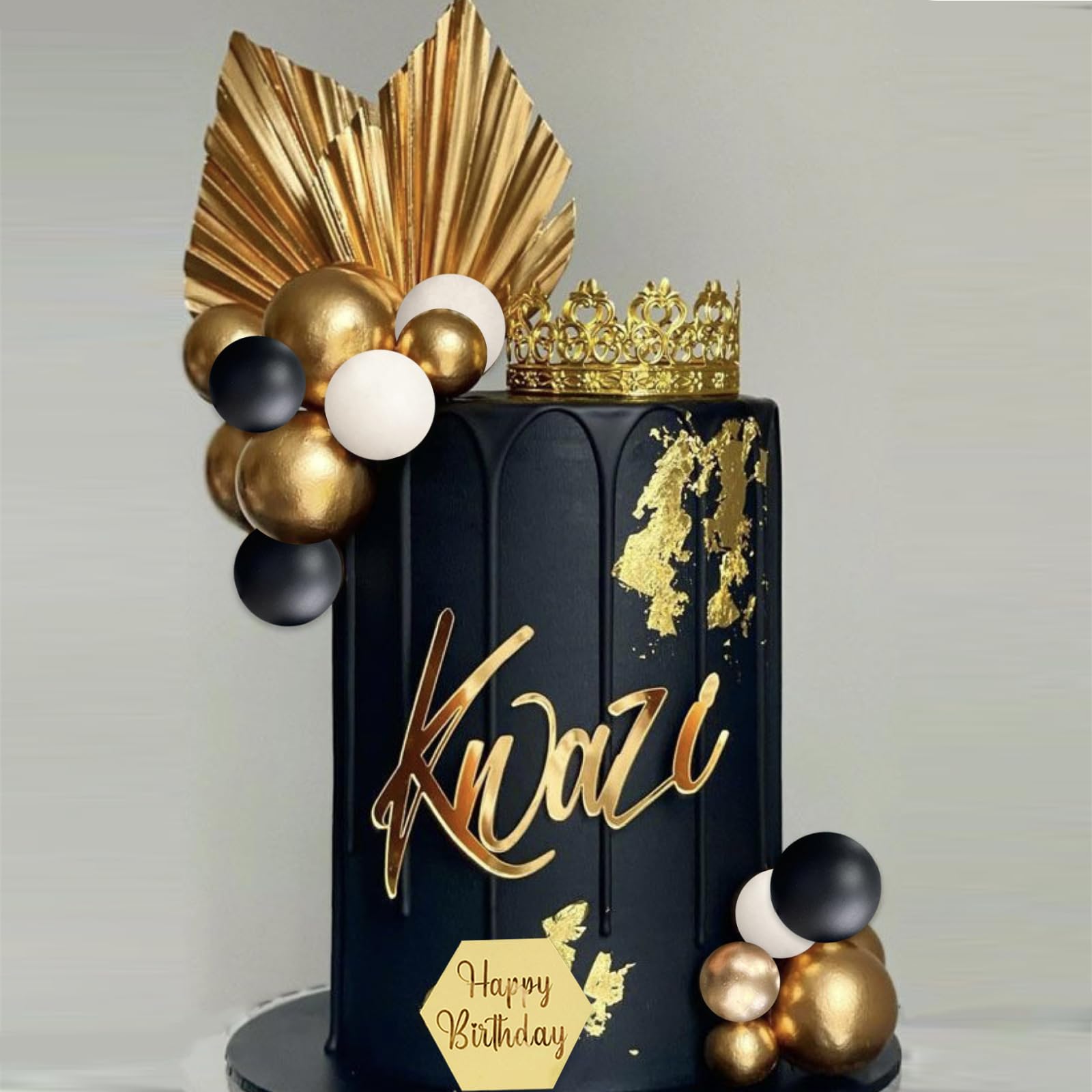 SONICEBUY 48-Piece Ball Cake Toppers Set - Black Gold White Foam Balls with Acrylic Numbers 0-9 and Happy Birthday Insert for Men's Birthday, Wedding, Anniversary
