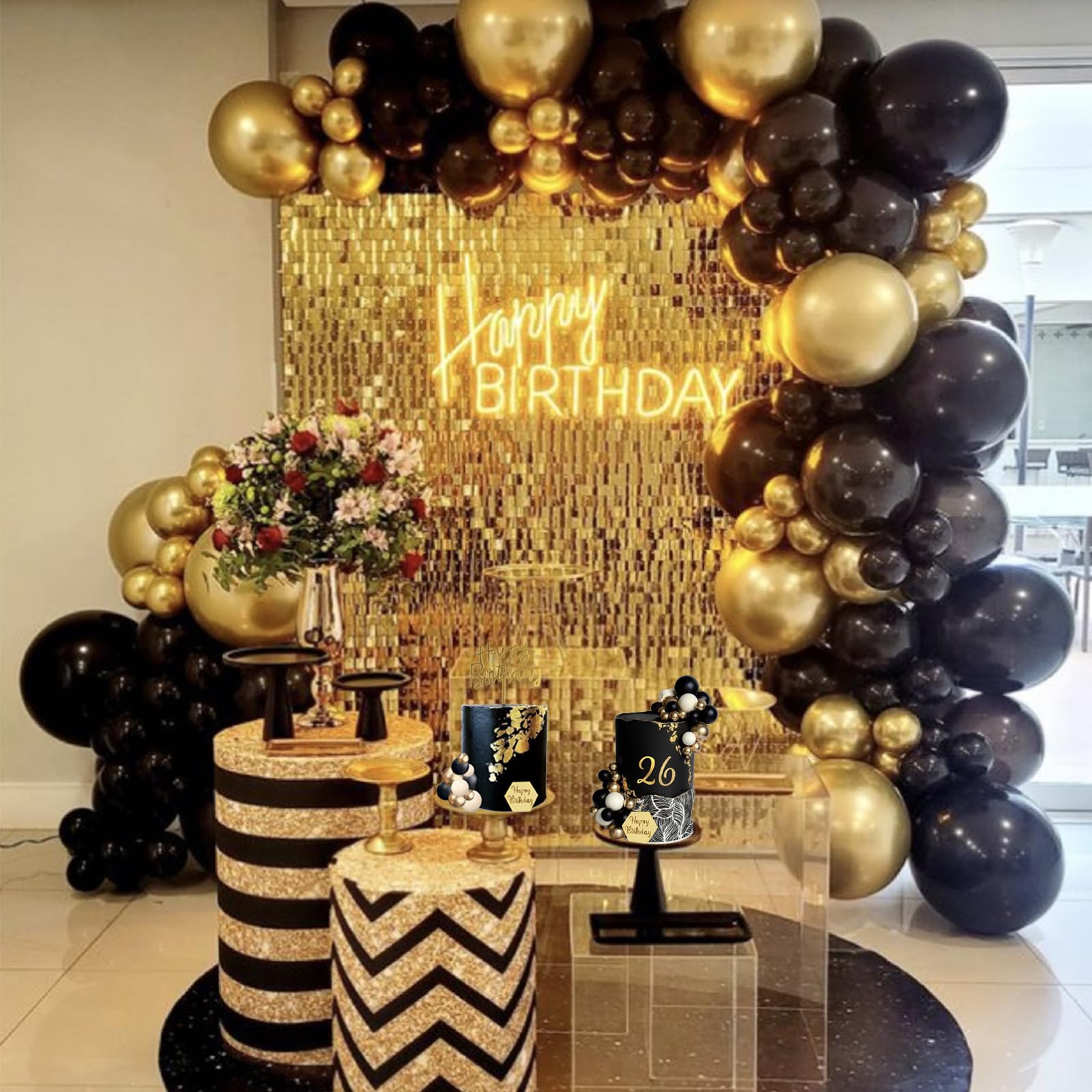 SONICEBUY 48-Piece Ball Cake Toppers Set - Black Gold White Foam Balls with Acrylic Numbers 0-9 and Happy Birthday Insert for Men's Birthday, Wedding, Anniversary
