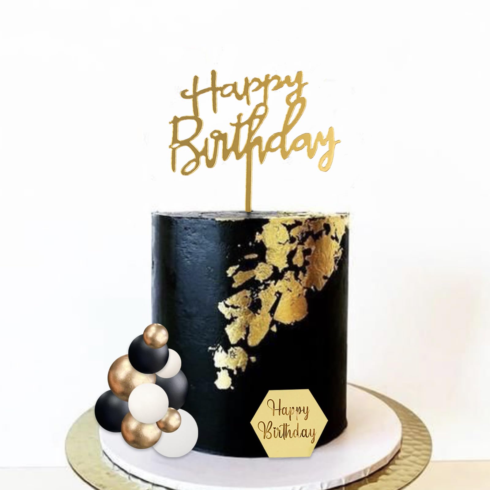 SONICEBUY 48-Piece Ball Cake Toppers Set - Black Gold White Foam Balls with Acrylic Numbers 0-9 and Happy Birthday Insert for Men's Birthday, Wedding, Anniversary