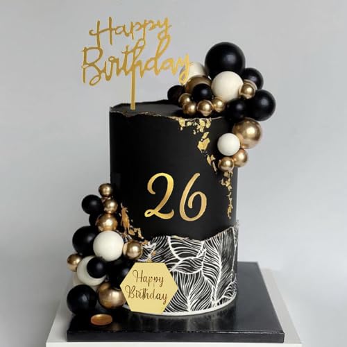 SONICEBUY 48-Piece Ball Cake Toppers Set - Black Gold White Foam Balls with Acrylic Numbers 0-9 and Happy Birthday Insert for Men's Birthday, Wedding, Anniversary